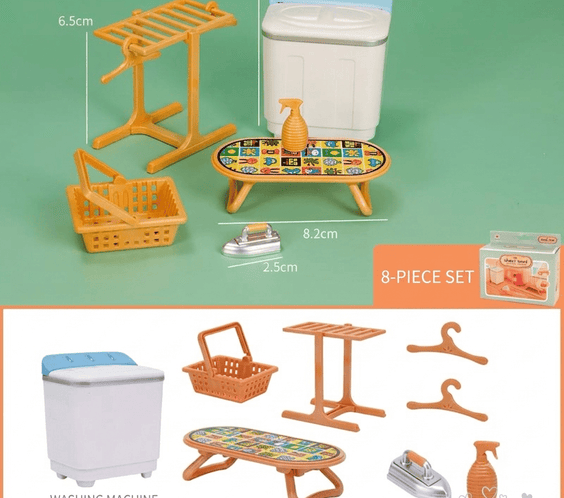 Miniature Laundry Room 8-Piece Playset | Dollhouse Washing Machine, Ironing Board, Drying Rack, Iron & Accessories for LPS & 1:12 Dioramas