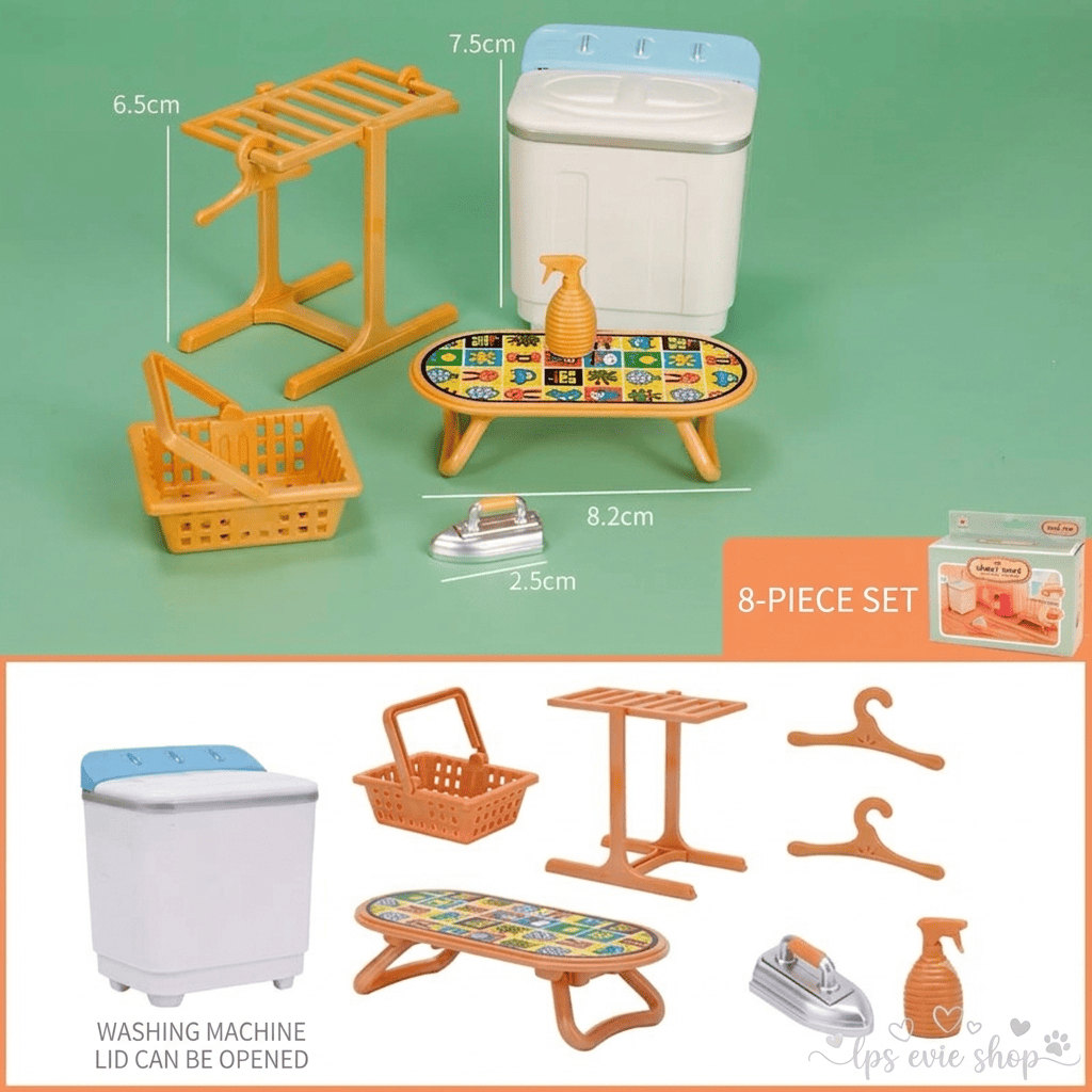 Miniature Laundry Room 8-Piece Playset | Dollhouse Washing Machine, Ironing Board, Drying Rack, Iron & Accessories for LPS & 1:12 Dioramas