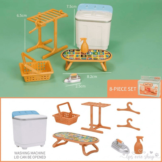 Miniature Laundry Room 8-Piece Playset | Dollhouse Washing Machine, Ironing Board, Drying Rack, Iron & Accessories for LPS & 1:12 Dioramas
