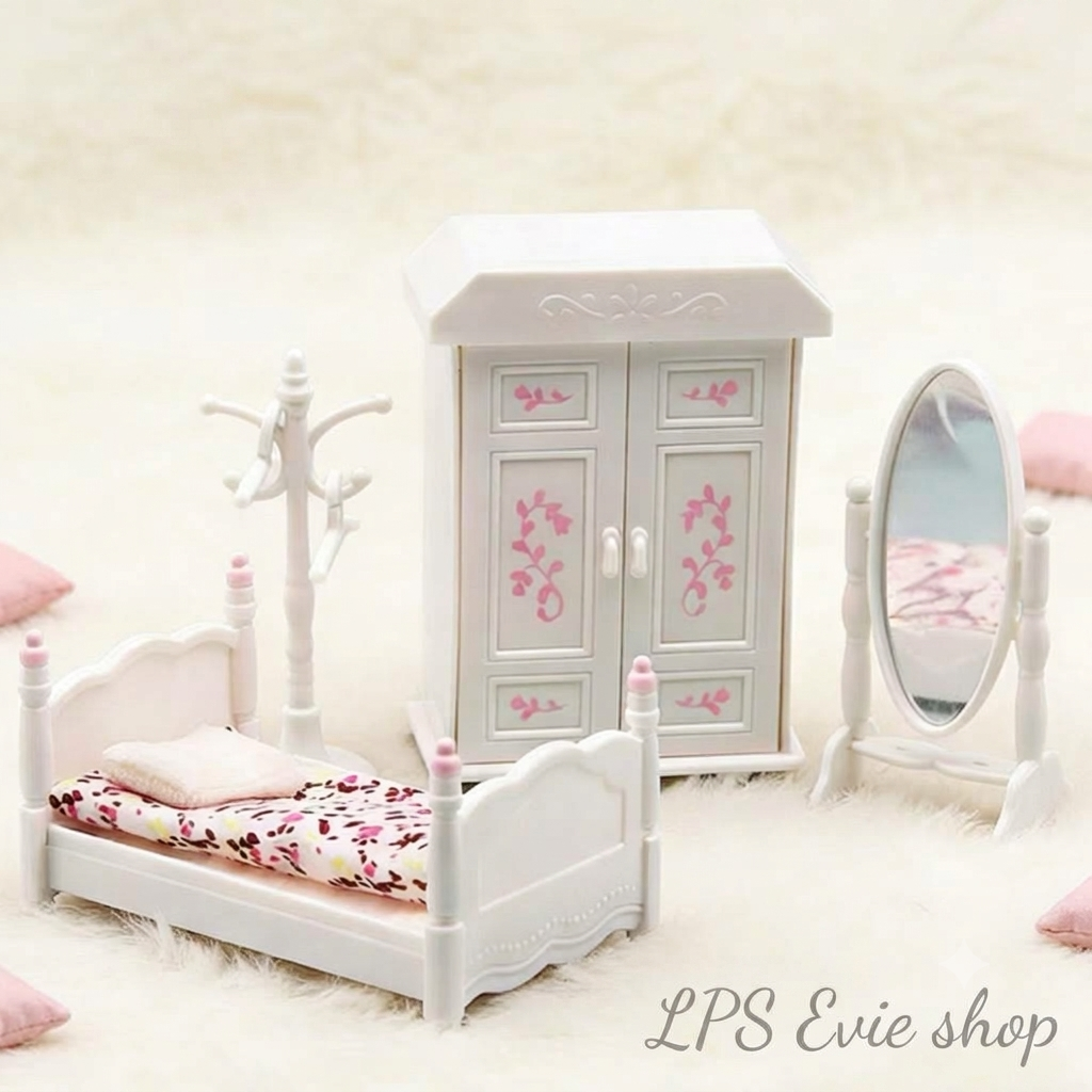 Miniature Princess Bedroom Furniture Set (4 Pcs) – Bed, Wardrobe, Standing Mirror & Coat Rack | Dollhouse Decor & Photo Props