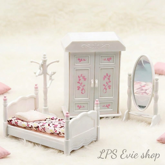 Miniature Princess Bedroom Furniture Set (4 Pcs) – Bed, Wardrobe, Standing Mirror & Coat Rack | Dollhouse Decor & Photo Props