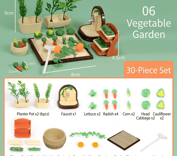 Miniature Vegetable Garden 30-Piece Playset | Dollhouse Farming Patch, Planters, Veggies & Tool for LPS & 1:12 Dioramas