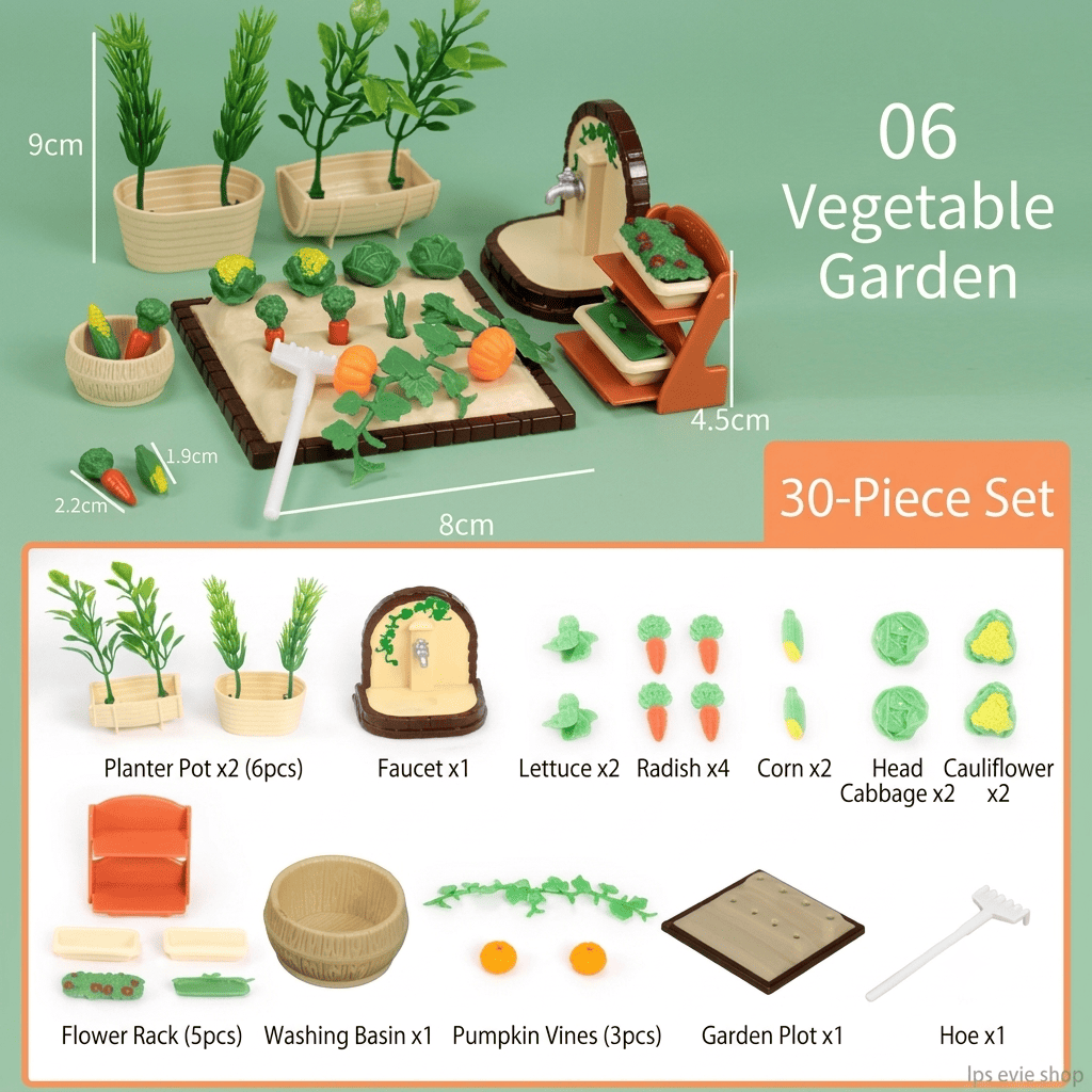 Miniature Vegetable Garden 30-Piece Playset | Dollhouse Farming Patch, Planters, Veggies & Tool for LPS & 1:12 Dioramas