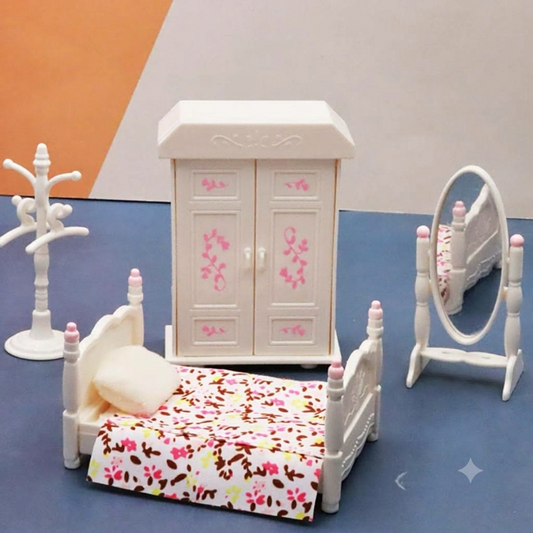 Miniature Princess Bedroom Furniture Set (4 Pcs) – Bed, Wardrobe, Standing Mirror & Coat Rack | Dollhouse Decor & Photo Props