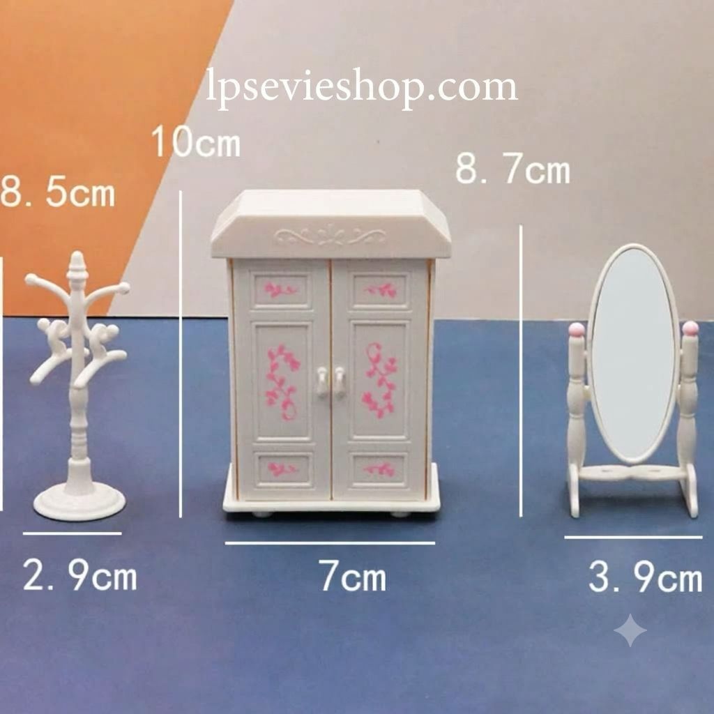 Miniature Princess Bedroom Furniture Set (4 Pcs) – Bed, Wardrobe, Standing Mirror & Coat Rack | Dollhouse Decor & Photo Props
