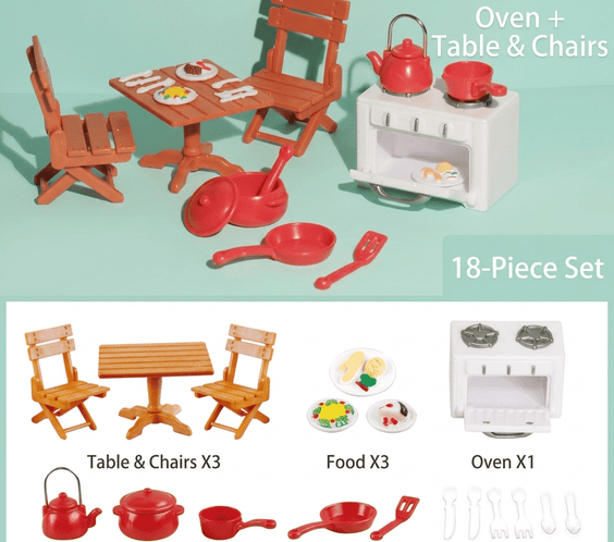 Miniature Kitchen & Dining Playset | Dollhouse Stove, Wooden-Style Table & Chairs, Red Cookware Pots & Food Accessories for LPS & 1:12 Dioramas