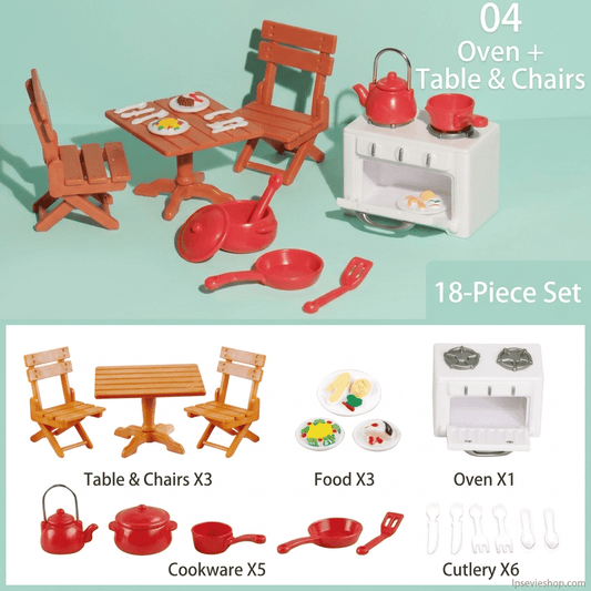 Miniature Kitchen & Dining Playset | Dollhouse Stove, Wooden-Style Table & Chairs, Red Cookware Pots & Food Accessories for LPS & 1:12 Dioramas
