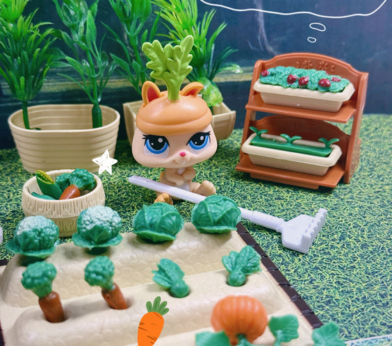 Miniature Vegetable Garden 30-Piece Playset | Dollhouse Farming Patch, Planters, Veggies & Tool for LPS & 1:12 Dioramas