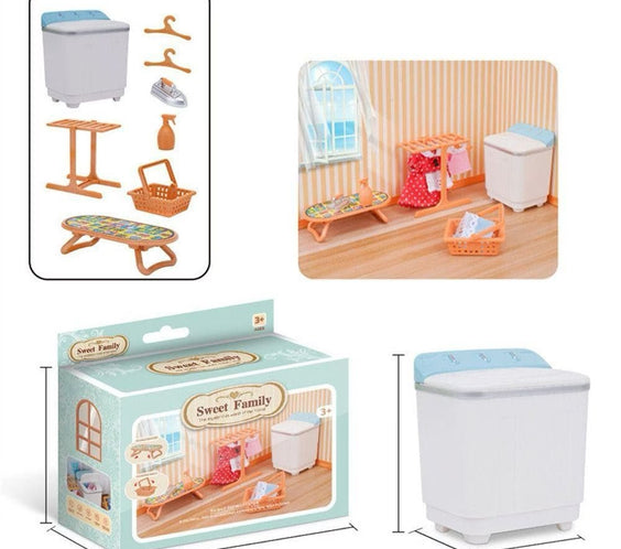 Miniature Laundry Room 8-Piece Playset | Dollhouse Washing Machine, Ironing Board, Drying Rack, Iron & Accessories for LPS & 1:12 Dioramas