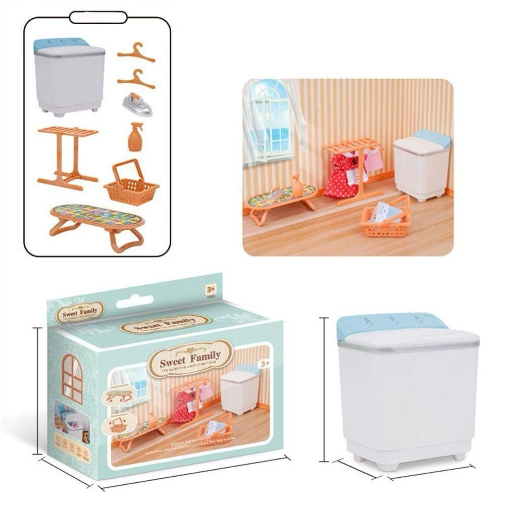 Miniature Laundry Room 8-Piece Playset | Dollhouse Washing Machine, Ironing Board, Drying Rack, Iron & Accessories for LPS & 1:12 Dioramas