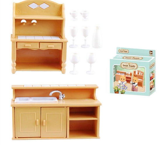 Miniature Kitchen Counter & Hutch Playset | Dollhouse Sink Unit, Baker’s Rack Cupboard, Wine Bottle & Goblets Set for LPS & 1:12 Dioramas