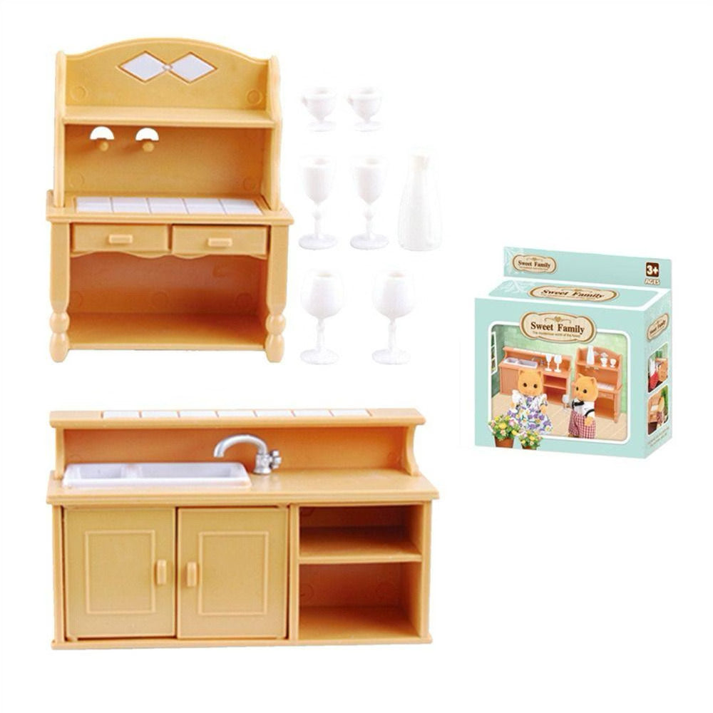 Miniature Kitchen Counter & Hutch Playset | Dollhouse Sink Unit, Baker’s Rack Cupboard, Wine Bottle & Goblets Set for LPS & 1:12 Dioramas