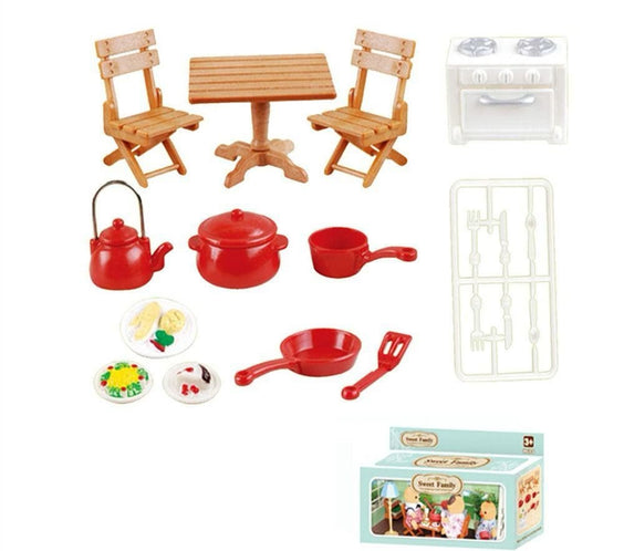 Miniature Kitchen & Dining Playset | Dollhouse Stove, Wooden-Style Table & Chairs, Red Cookware Pots & Food Accessories for LPS & 1:12 Dioramas