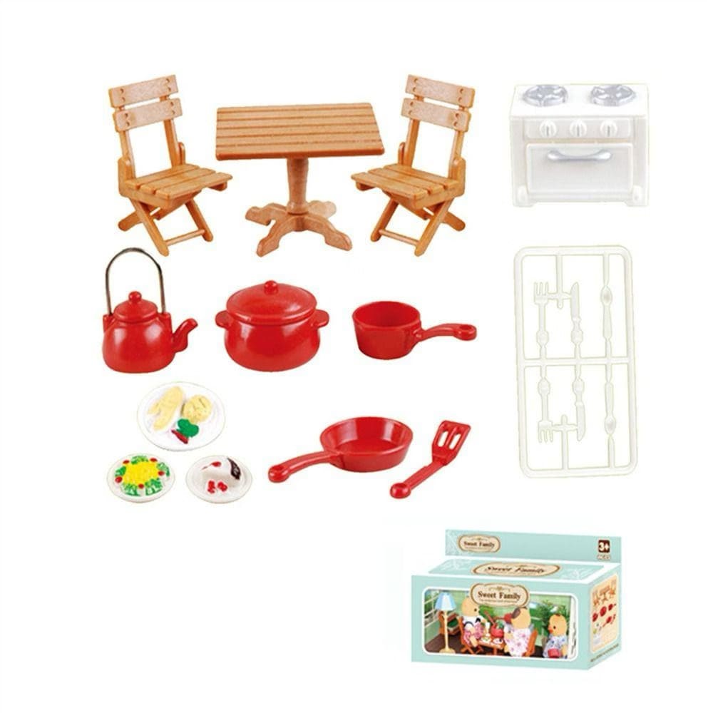 Miniature Kitchen & Dining Playset | Dollhouse Stove, Wooden-Style Table & Chairs, Red Cookware Pots & Food Accessories for LPS & 1:12 Dioramas