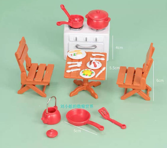 Miniature Kitchen & Dining Playset | Dollhouse Stove, Wooden-Style Table & Chairs, Red Cookware Pots & Food Accessories for LPS & 1:12 Dioramas