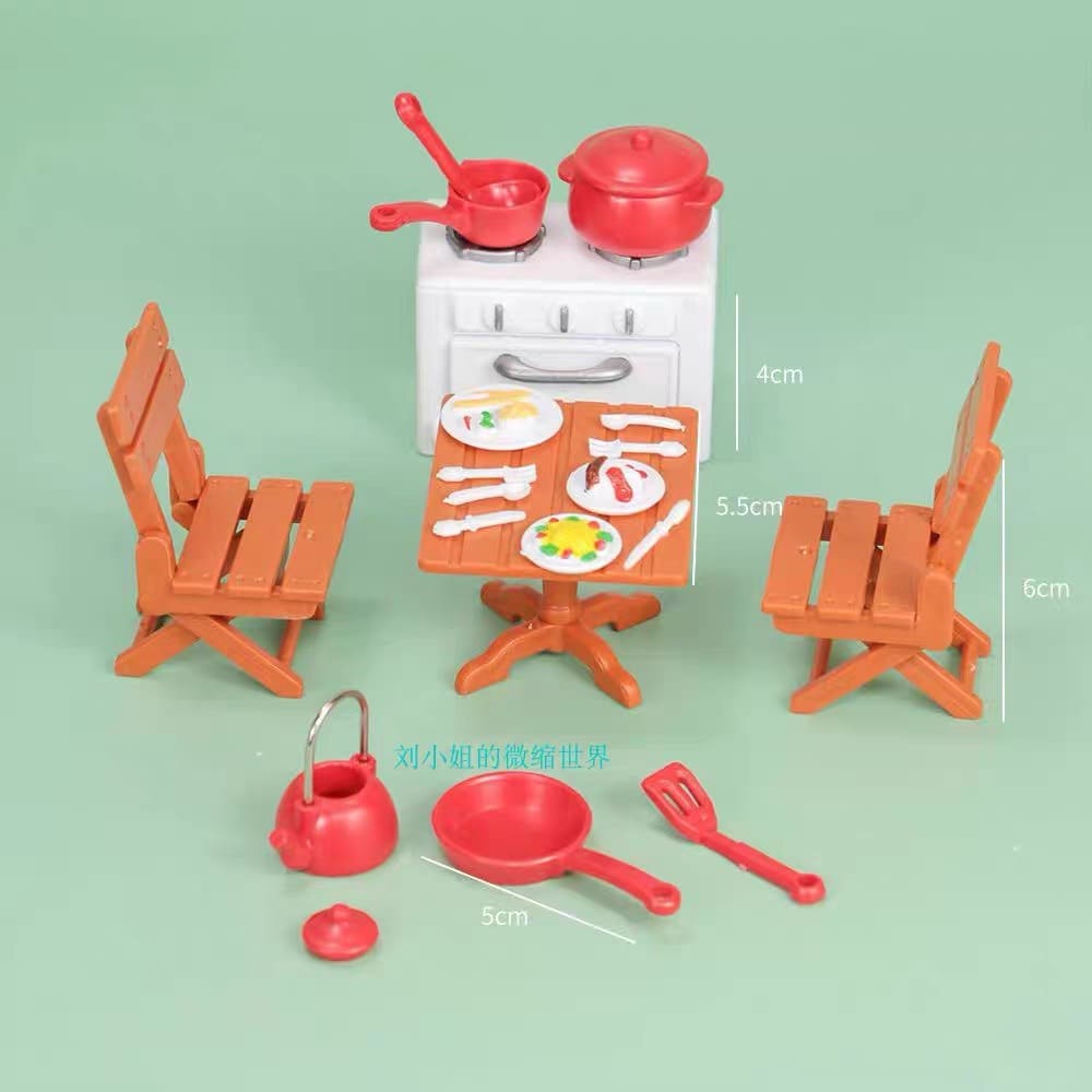 Miniature Kitchen & Dining Playset | Dollhouse Stove, Wooden-Style Table & Chairs, Red Cookware Pots & Food Accessories for LPS & 1:12 Dioramas