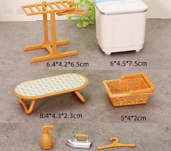 Miniature Laundry Room 8-Piece Playset | Dollhouse Washing Machine, Ironing Board, Drying Rack, Iron & Accessories for LPS & 1:12 Dioramas
