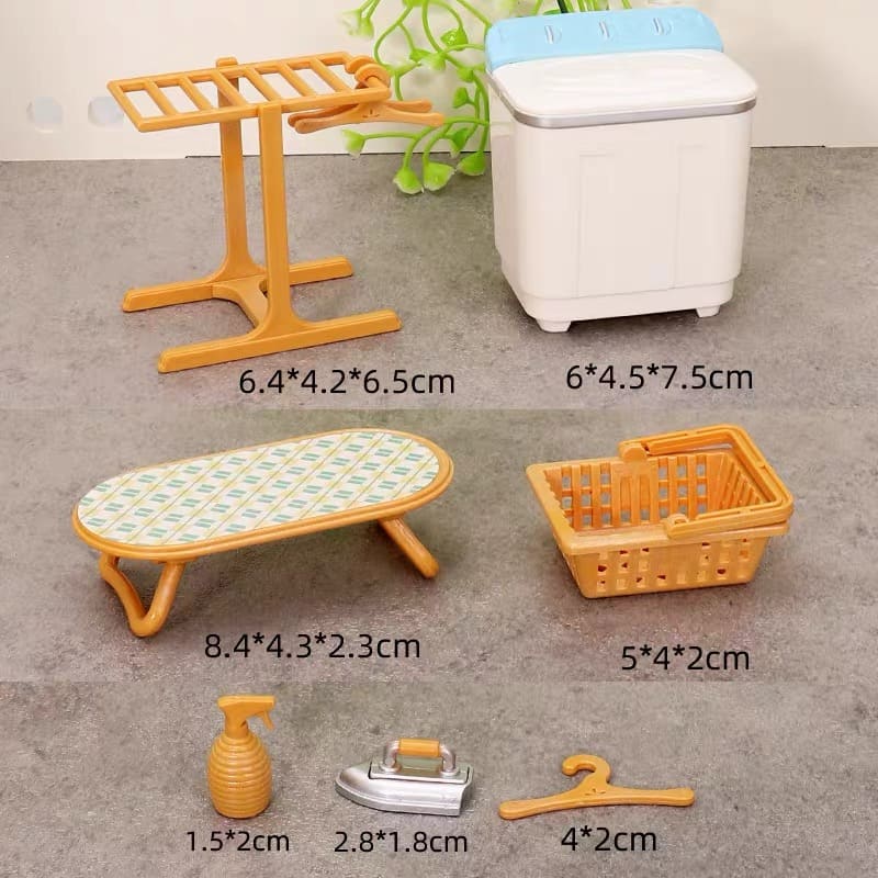 Miniature Laundry Room 8-Piece Playset | Dollhouse Washing Machine, Ironing Board, Drying Rack, Iron & Accessories for LPS & 1:12 Dioramas
