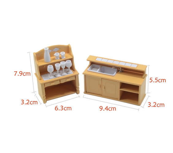 Miniature Kitchen Counter & Hutch Playset | Dollhouse Sink Unit, Baker’s Rack Cupboard, Wine Bottle & Goblets Set for LPS & 1:12 Dioramas