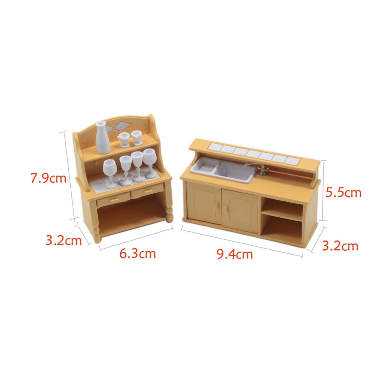 Miniature Kitchen Counter & Hutch Playset | Dollhouse Sink Unit, Baker’s Rack Cupboard, Wine Bottle & Goblets Set for LPS & 1:12 Dioramas