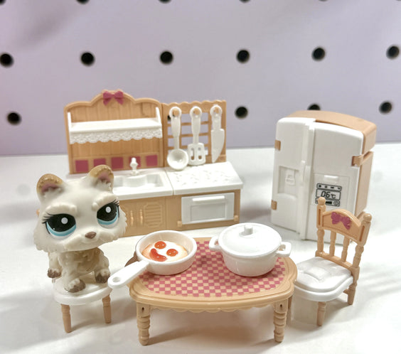 Miniature Beige Kitchen Set for LPS | Dollhouse Kitchen Furniture & Accessories