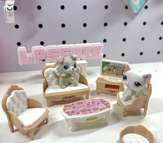 Miniature Beige Living Room Set for LPS | 1:12 Scale Dollhouse Furniture