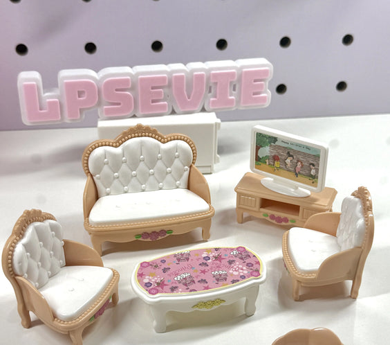 Miniature Beige Living Room Set for LPS | 1:12 Scale Dollhouse Furniture