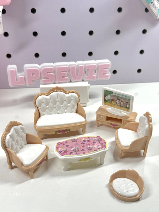 Miniature Beige Living Room Set for LPS | 1:12 Scale Dollhouse Furniture