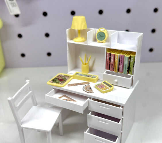 Miniature Study Desk & Chair Set with Accessories – White & Pastel Pink | Dollhouse Furniture & Figure Room Decor