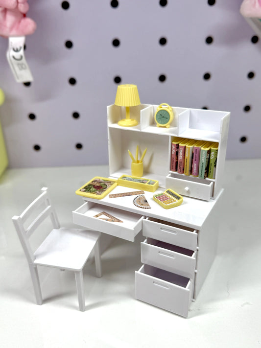 Miniature Study Desk & Chair Set with Accessories – White & Pastel Pink | Dollhouse Furniture & Figure Room Decor