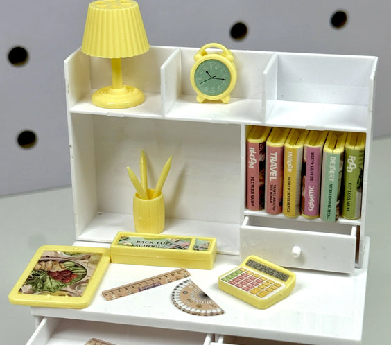 Miniature Study Desk & Chair Set with Accessories – White & Pastel Pink | Dollhouse Furniture & Figure Room Decor