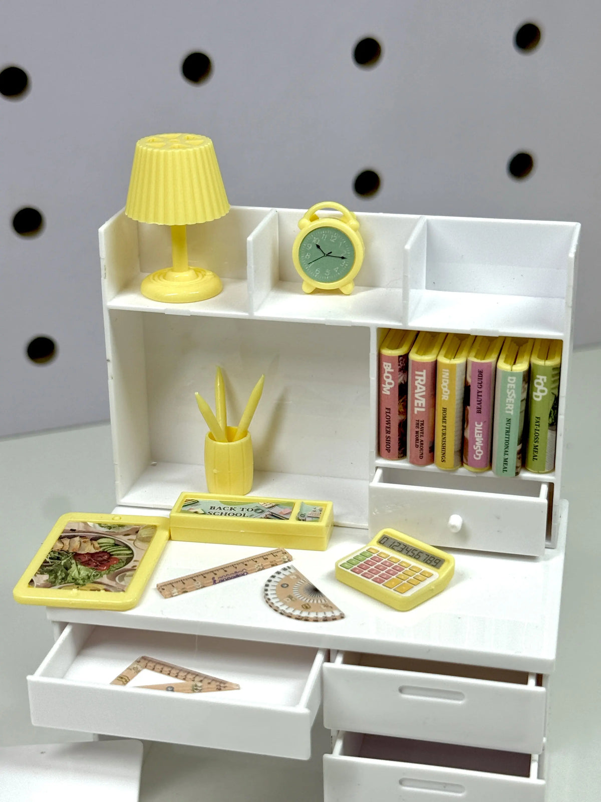 Miniature Study Desk & Chair Set with Accessories – White & Pastel Pink | Dollhouse Furniture & Figure Room Decor