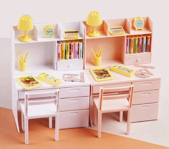 Miniature Study Desk & Chair Set with Accessories – White & Pastel Pink | Dollhouse Furniture & Figure Room Decor