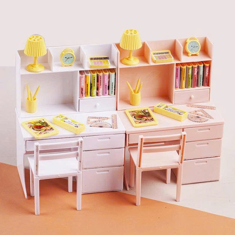 Miniature Study Desk & Chair Set with Accessories – White & Pastel Pink | Dollhouse Furniture & Figure Room Decor