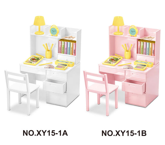 Miniature Study Desk & Chair Set with Accessories – White & Pastel Pink | Dollhouse Furniture & Figure Room Decor
