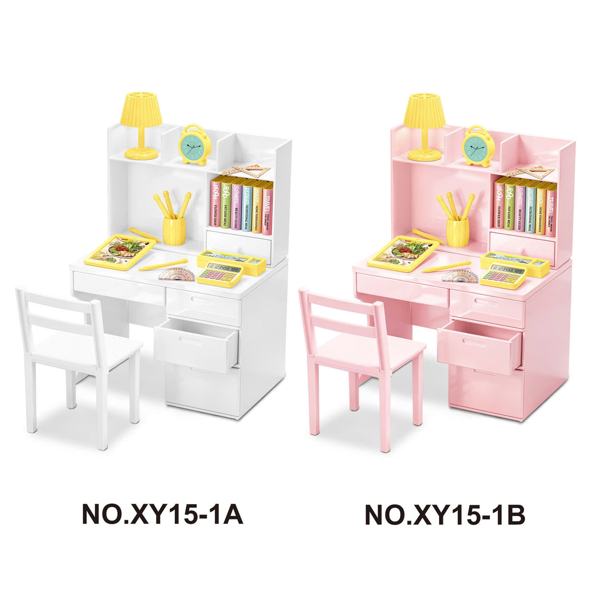 Miniature Study Desk & Chair Set with Accessories – White & Pastel Pink | Dollhouse Furniture & Figure Room Decor