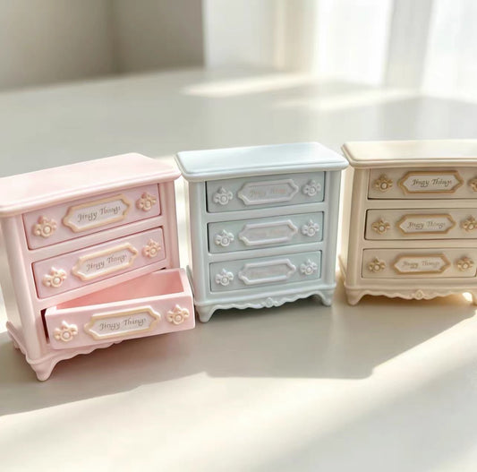 Miniature Vintage French 3-Drawer Nightstand – Pastel Pink, Blue & Cream | Dollhouse Bedroom Furniture & Storage